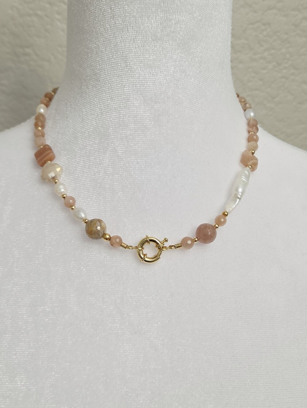 Handmade Pink Gemstone Sunstone Color Peach Beaded Necklace with Gold Accents